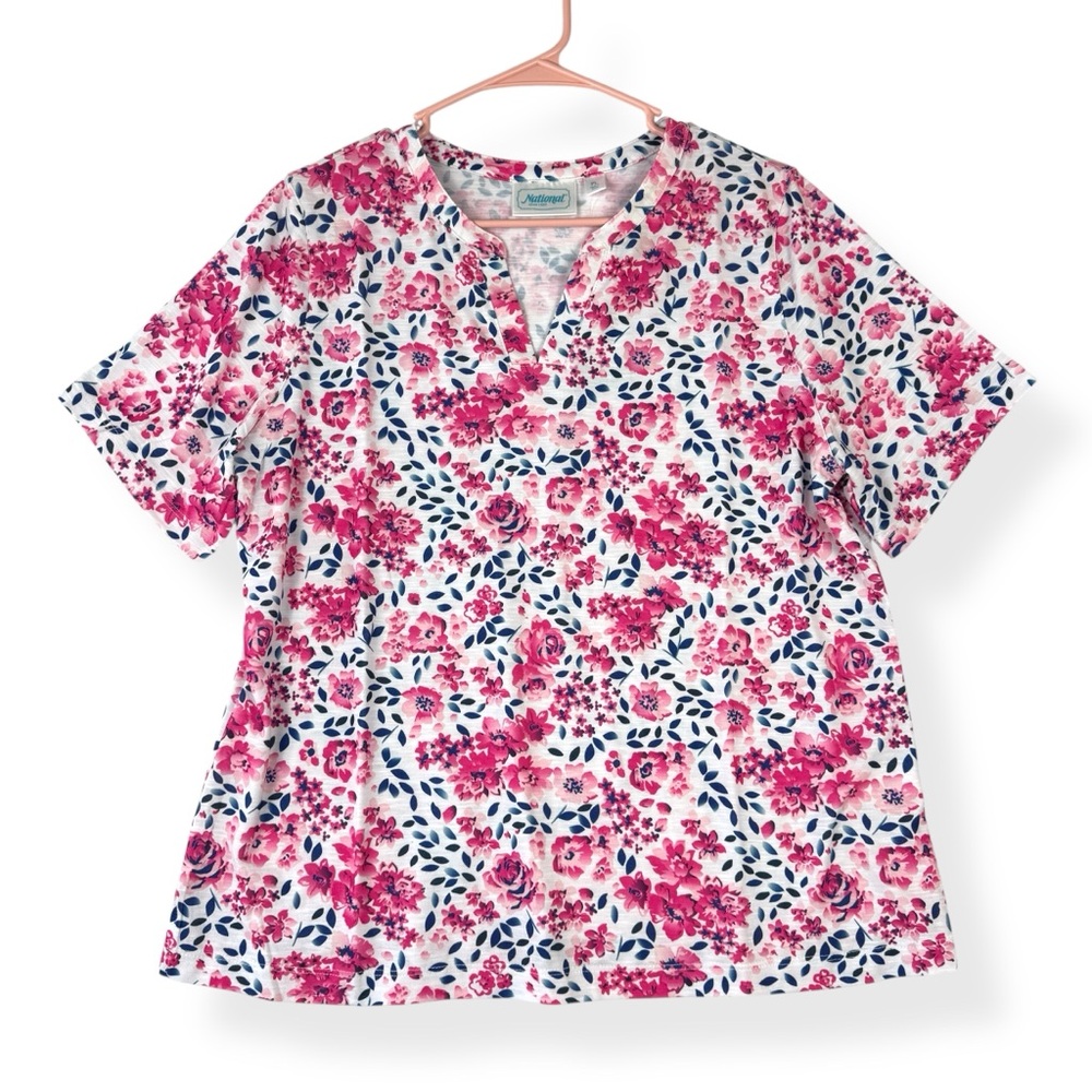 National Top Womens PL Petite Large Pink Floral‎ on White Short Sleeves NWT